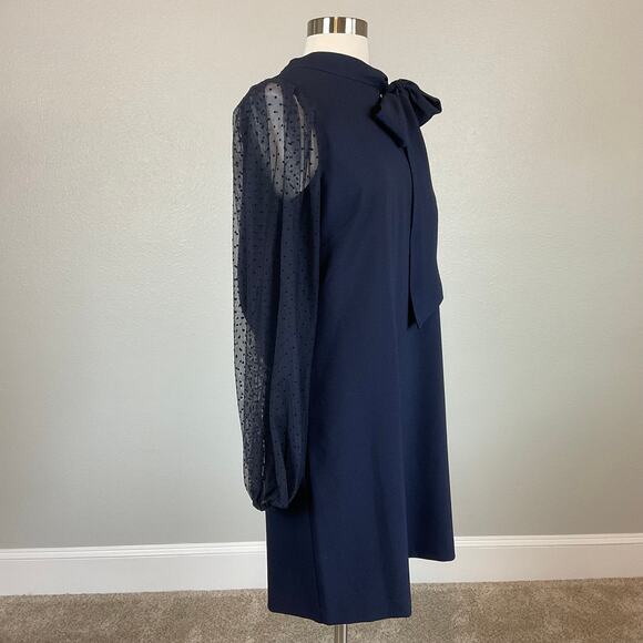 Vince Camuto Sheer Dot Long Sleeve Cocktail Dress Size 8 Blue Bow Halter Shift - Picture 2 of 13